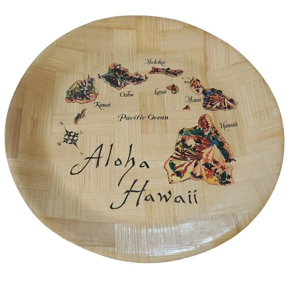 Hawaii Souvenir Shallow Platter Bowl Tray Woven Bamboo of Hawaiian Islands Map - Picture 5 of 15